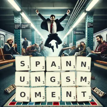 Kreative Illustration für ein Scrabble-Spiel, bei dem das Wort SPANNUNGSMOMENT mit Steinen auf dem Brett gelegt wurde.