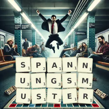 Kreative Illustration für ein Scrabble-Spiel, bei dem das Wort SPANNUNGSMUSTER mit Steinen auf dem Brett gelegt wurde.