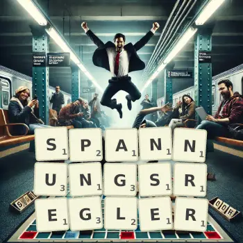 Kreative Illustration für ein Scrabble-Spiel, bei dem das Wort SPANNUNGSREGLER mit Steinen auf dem Brett gelegt wurde.