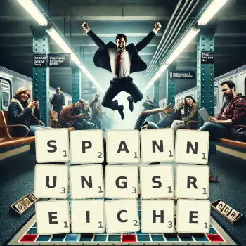 Kreative Illustration für ein Scrabble-Spiel, bei dem das Wort SPANNUNGSREICHE mit Steinen auf dem Brett gelegt wurde.