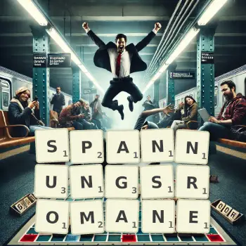 Kreative Illustration für ein Scrabble-Spiel, bei dem das Wort SPANNUNGSROMANE mit Steinen auf dem Brett gelegt wurde.