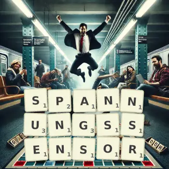 Kreative Illustration für ein Scrabble-Spiel, bei dem das Wort SPANNUNGSSENSOR mit Steinen auf dem Brett gelegt wurde.