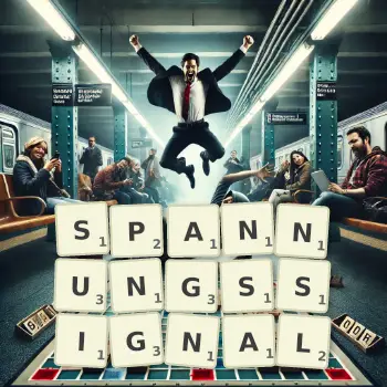 Kreative Illustration für ein Scrabble-Spiel, bei dem das Wort SPANNUNGSSIGNAL mit Steinen auf dem Brett gelegt wurde.