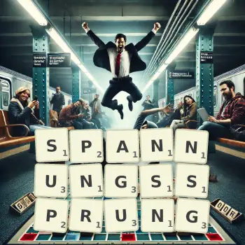 Kreative Illustration für ein Scrabble-Spiel, bei dem das Wort SPANNUNGSSPRUNG mit Steinen auf dem Brett gelegt wurde.