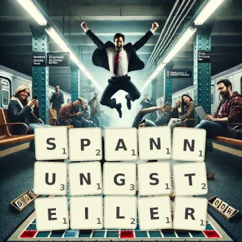 Kreative Illustration für ein Scrabble-Spiel, bei dem das Wort SPANNUNGSTEILER mit Steinen auf dem Brett gelegt wurde.