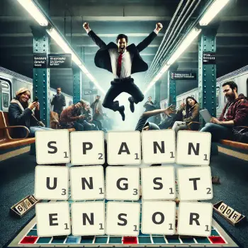 Kreative Illustration für ein Scrabble-Spiel, bei dem das Wort SPANNUNGSTENSOR mit Steinen auf dem Brett gelegt wurde.