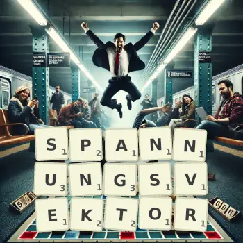 Kreative Illustration für ein Scrabble-Spiel, bei dem das Wort SPANNUNGSVEKTOR mit Steinen auf dem Brett gelegt wurde.