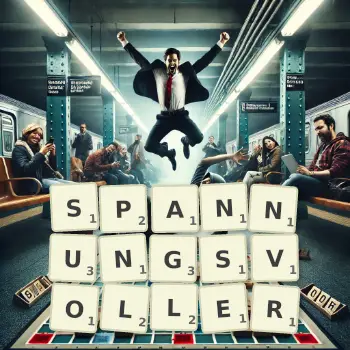 Kreative Illustration für ein Scrabble-Spiel, bei dem das Wort SPANNUNGSVOLLER mit Steinen auf dem Brett gelegt wurde.