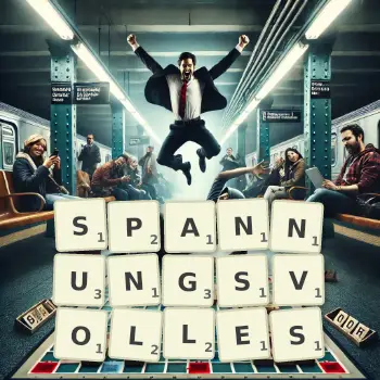 Kreative Illustration für ein Scrabble-Spiel, bei dem das Wort SPANNUNGSVOLLES mit Steinen auf dem Brett gelegt wurde.