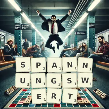 Kreative Illustration für ein Scrabble-Spiel, bei dem das Wort SPANNUNGSWERT mit Steinen auf dem Brett gelegt wurde.