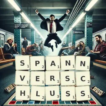 Kreative Illustration für ein Scrabble-Spiel, bei dem das Wort SPANNVERSCHLUSS mit Steinen auf dem Brett gelegt wurde.