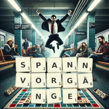 Kreative Illustration für ein Scrabble-Spiel, bei dem das Wort SPANNVORGÄNGE mit Steinen auf dem Brett gelegt wurde.