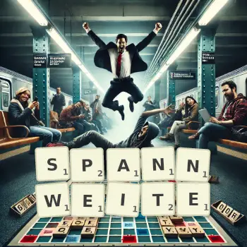 Kreative Illustration für ein Scrabble-Spiel, bei dem das Wort SPANNWEITE mit Steinen auf dem Brett gelegt wurde.