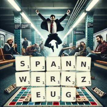 Kreative Illustration für ein Scrabble-Spiel, bei dem das Wort SPANNWERKZEUG mit Steinen auf dem Brett gelegt wurde.