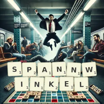 Kreative Illustration für ein Scrabble-Spiel, bei dem das Wort SPANNWINKEL mit Steinen auf dem Brett gelegt wurde.