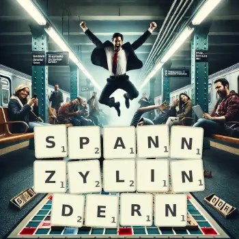 Kreative Illustration für ein Scrabble-Spiel, bei dem das Wort SPANNZYLINDERN mit Steinen auf dem Brett gelegt wurde.