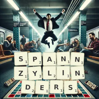 Kreative Illustration für ein Scrabble-Spiel, bei dem das Wort SPANNZYLINDERS mit Steinen auf dem Brett gelegt wurde.