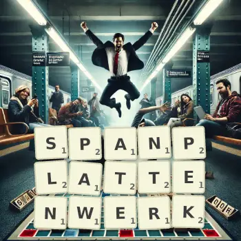 Kreative Illustration für ein Scrabble-Spiel, bei dem das Wort SPANPLATTENWERK mit Steinen auf dem Brett gelegt wurde.