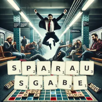 Kreative Illustration für ein Scrabble-Spiel, bei dem das Wort SPARAUSGABE mit Steinen auf dem Brett gelegt wurde.