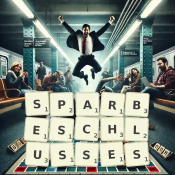 Kreative Illustration für ein Scrabble-Spiel, bei dem das Wort SPARBESCHLUSSES mit Steinen auf dem Brett gelegt wurde.