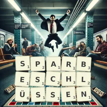 Kreative Illustration für ein Scrabble-Spiel, bei dem das Wort SPARBESCHLÜSSEN mit Steinen auf dem Brett gelegt wurde.