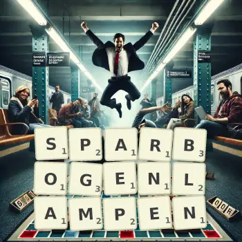 Kreative Illustration für ein Scrabble-Spiel, bei dem das Wort SPARBOGENLAMPEN mit Steinen auf dem Brett gelegt wurde.