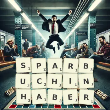 Kreative Illustration für ein Scrabble-Spiel, bei dem das Wort SPARBUCHINHABER mit Steinen auf dem Brett gelegt wurde.