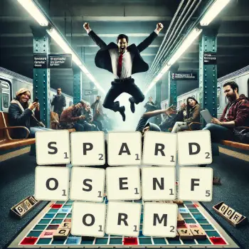 Kreative Illustration für ein Scrabble-Spiel, bei dem das Wort SPARDOSENFORM mit Steinen auf dem Brett gelegt wurde.