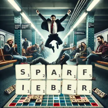 Kreative Illustration für ein Scrabble-Spiel, bei dem das Wort SPARFIEBER mit Steinen auf dem Brett gelegt wurde.