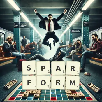 Kreative Illustration für ein Scrabble-Spiel, bei dem das Wort SPARFORM mit Steinen auf dem Brett gelegt wurde.