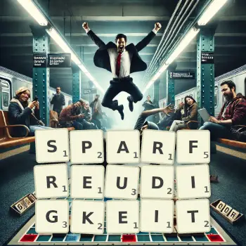 Kreative Illustration für ein Scrabble-Spiel, bei dem das Wort SPARFREUDIGKEIT mit Steinen auf dem Brett gelegt wurde.