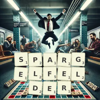 Kreative Illustration für ein Scrabble-Spiel, bei dem das Wort SPARGELFELDER mit Steinen auf dem Brett gelegt wurde.