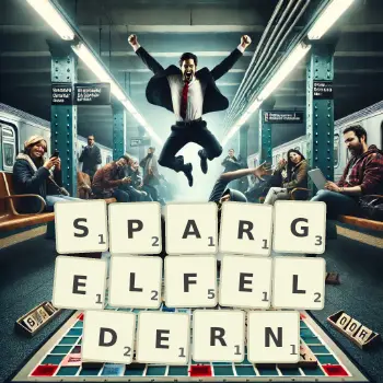 Kreative Illustration für ein Scrabble-Spiel, bei dem das Wort SPARGELFELDERN mit Steinen auf dem Brett gelegt wurde.