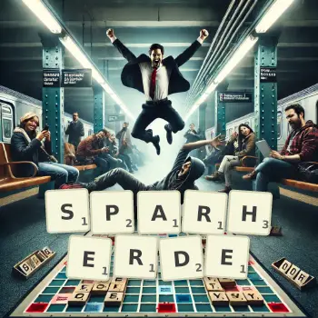 Kreative Illustration für ein Scrabble-Spiel, bei dem das Wort SPARHERDE mit Steinen auf dem Brett gelegt wurde.