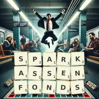 Kreative Illustration für ein Scrabble-Spiel, bei dem das Wort SPARKASSENFONDS mit Steinen auf dem Brett gelegt wurde.