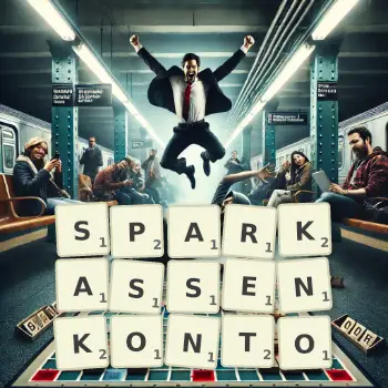 Kreative Illustration für ein Scrabble-Spiel, bei dem das Wort SPARKASSENKONTO mit Steinen auf dem Brett gelegt wurde.