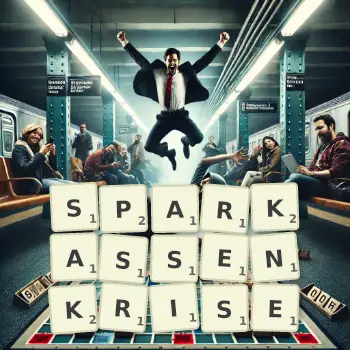 Kreative Illustration für ein Scrabble-Spiel, bei dem das Wort SPARKASSENKRISE mit Steinen auf dem Brett gelegt wurde.