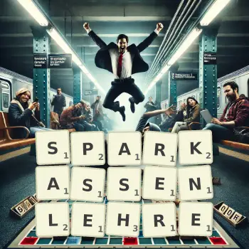 Kreative Illustration für ein Scrabble-Spiel, bei dem das Wort SPARKASSENLEHRE mit Steinen auf dem Brett gelegt wurde.