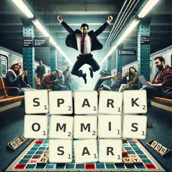 Kreative Illustration für ein Scrabble-Spiel, bei dem das Wort SPARKOMMISSAR mit Steinen auf dem Brett gelegt wurde.