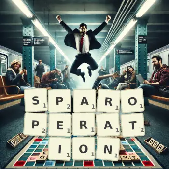 Kreative Illustration für ein Scrabble-Spiel, bei dem das Wort SPAROPERATION mit Steinen auf dem Brett gelegt wurde.