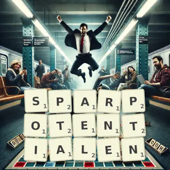 Kreative Illustration für ein Scrabble-Spiel, bei dem das Wort SPARPOTENTIALEN mit Steinen auf dem Brett gelegt wurde.