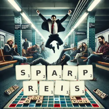 Kreative Illustration für ein Scrabble-Spiel, bei dem das Wort SPARPREIS mit Steinen auf dem Brett gelegt wurde.