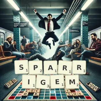 Kreative Illustration für ein Scrabble-Spiel, bei dem das Wort SPARRIGEM mit Steinen auf dem Brett gelegt wurde.