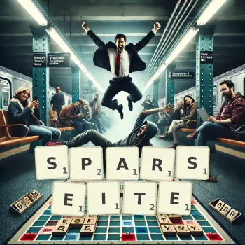 Kreative Illustration für ein Scrabble-Spiel, bei dem das Wort SPARSEITE mit Steinen auf dem Brett gelegt wurde.