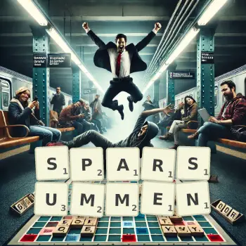 Kreative Illustration für ein Scrabble-Spiel, bei dem das Wort SPARSUMMEN mit Steinen auf dem Brett gelegt wurde.