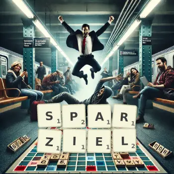 Kreative Illustration für ein Scrabble-Spiel, bei dem das Wort SPARZIEL mit Steinen auf dem Brett gelegt wurde.
