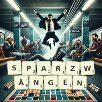 Kreative Illustration für ein Scrabble-Spiel, bei dem das Wort SPARZWÄNGEN mit Steinen auf dem Brett gelegt wurde.