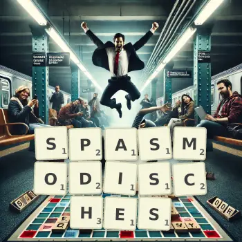 Kreative Illustration für ein Scrabble-Spiel, bei dem das Wort SPASMODISCHES mit Steinen auf dem Brett gelegt wurde.