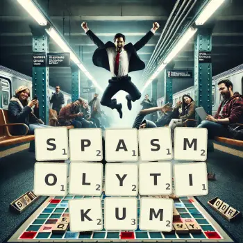 Kreative Illustration für ein Scrabble-Spiel, bei dem das Wort SPASMOLYTIKUM mit Steinen auf dem Brett gelegt wurde.