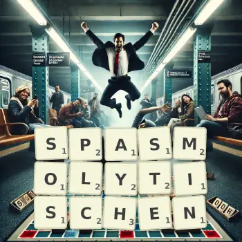 Kreative Illustration für ein Scrabble-Spiel, bei dem das Wort SPASMOLYTISCHEN mit Steinen auf dem Brett gelegt wurde.
